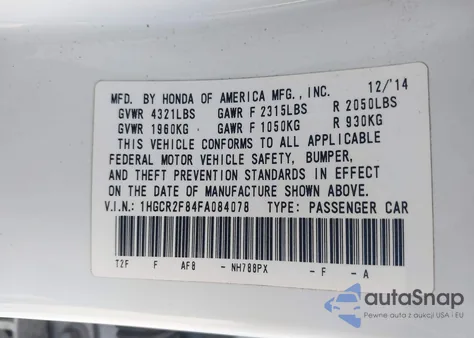 2015 Honda Accord Exl from USA, damaged, VIN 1HGCR2F84FA084078